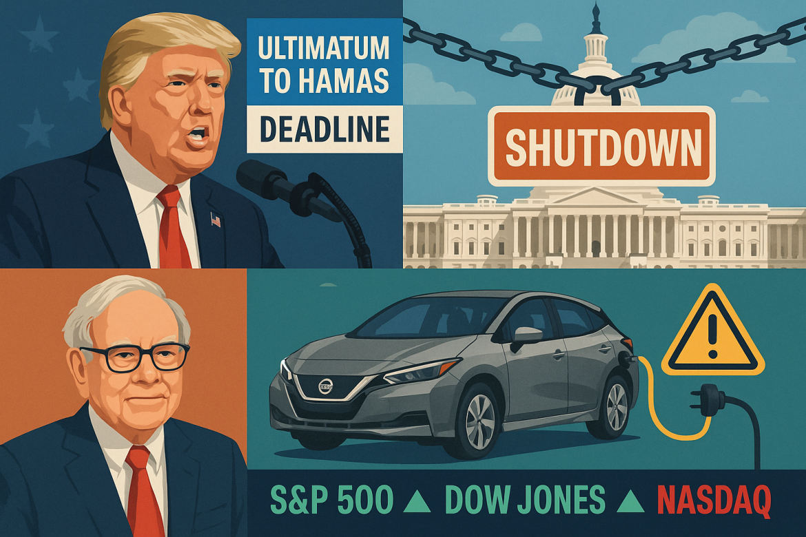 The United States closed the week with a mix of geopolitical tension, domestic political gridlock, and significant corporate developments. President Donald Trump issued a deadline for Hamas to accept a peace proposal, while Washington’s budget impasse extended the government shutdown. Meanwhile, Berkshire Hathaway restructured its leadership, Nissan announced a major recall, and the Federal Reserve flagged slowing growth.Trump sets deadline for Hamas to accept Gaza peace plan<a href="https://invezz.com/news/2025/10/03/trump-sets-deadline-for-hamas-to-accept-gaza-peace-plan-warns-of-consequences/">President Donald Trump has given Hamas until Sunday evening to accept his 20-point proposal</a> to end the war in Gaza. The plan, developed with Israeli Prime Minister Benjamin Netanyahu, requires Hamas to release all hostages and excludes the group from any governing role in Gaza. In exchange, Israel would release nearly 2,000 prisoners and pledge not to occupy or annex the territory.Trump warned that if Hamas fails to comply, “all hell” will break out against the group. Netanyahu has signed the agreement, and Trump claims support from regional allies. Hamas, however, has yet to issue a formal response, saying it is still consulting with partners in Qatar, Egypt, and Turkey. The Israel Defense Forces (IDF) accused Hamas of blocking civilian evacuations, while reports suggest nearly 870,000 residents have already left Gaza City amid continued fighting.US government shutdown stretches onThe federal government shutdown will continue into next week after the Senate rejected both Democratic and Republican funding bills. The GOP-backed version failed in a 44-54 vote, while the Democratic measure was voted down 46-52, short of the 60-vote threshold.Republicans insist no deal can be reached while the government remains shut, whereas Democrats are demanding progress on insurance subsidies as part of reopening negotiations. The impasse adds further strain to public services and raises questions about near-term economic resilience.Trump to be in 250th anniversary coinUS Treasurer Brandon Beach confirmed that new one-dollar coins featuring President Trump will be issued to mark America’s 250th anniversary in 2026.Draft designs depict Trump’s portrait alongside the phrase “In God We Trust, 1776–2026,” with the reverse showing Trump raising his fist with the American flag and the words “FIGHT, FIGHT, FIGHT.” Beach stressed the authenticity of the designs and said more details would be shared once the government shutdown ends.Berkshire Hathaway splits Chairman and CEO rolesBerkshire Hathaway announced that its Board of Directors has formally separated the roles of chairman and CEO. The decision, effective immediately, follows a September 30 board vote.Warren Buffett will remain chairman, while Greg Abel, currently vice-chairman of non-insurance operations, will assume the CEO role beginning January 1, 2026. The move marks a significant leadership transition for the conglomerate while maintaining Buffett’s influence as board chair.Fed flags economic slowdownUS Federal Reserve Vice Chair Philip Jefferson reported a slowdown in economic growth during the first half of 2025, with GDP expanding at 1.6%, down from 2.4% in 2024. Jefferson attributed the decline to weaker consumer spending and warned of inflationary pressures from higher tariffs.He noted that employment growth has slowed due to softening labor demand and weaker labor supply. While acknowledging “especially high” uncertainty in the outlook, Jefferson said clarity may improve as White House policies are finalized.Nissan recalls nearly 20,000 EVsNissan North America is recalling 19,077 electric vehicles in the US due to a battery charging defect. The issue, linked to lithium-ion battery overheating during Level 3 charging, poses a fire risk.The recall affects certain 2021-2022 LEAF models with a quick charging port. Dealers will update the battery software free of charge, and owners have been advised not to use Level 3 charging until repairs are made.US stock markets end mixedThe S&P 500 retreated slightly from record highs but remained on track for weekly gains. The broad index rose 0.01%, the Dow Jones Industrial Average climbed 0.51%, the Nasdaq Composite fell 0.28%, and the Russell 2000 increased 0.85%. Declines in major tech stocks like Palantir which fell 7%, Tesla which declined 1.4%, and Nvidia, down almost 1% weighed on afternoon trading. The CBOE Volatility Index spiked, reflecting heightened investor caution, though weekly performance remains positive.The post <a href="https://invezz.com/news/2025/10/03/us-digest-trumps-hamas-ultimatum-government-shutdown-stalemate/">US digest: Trump’s Hamas ultimatum, government shutdown stalemate continues</a> appeared first on <a href="https://invezz.com/">Invezz</a>